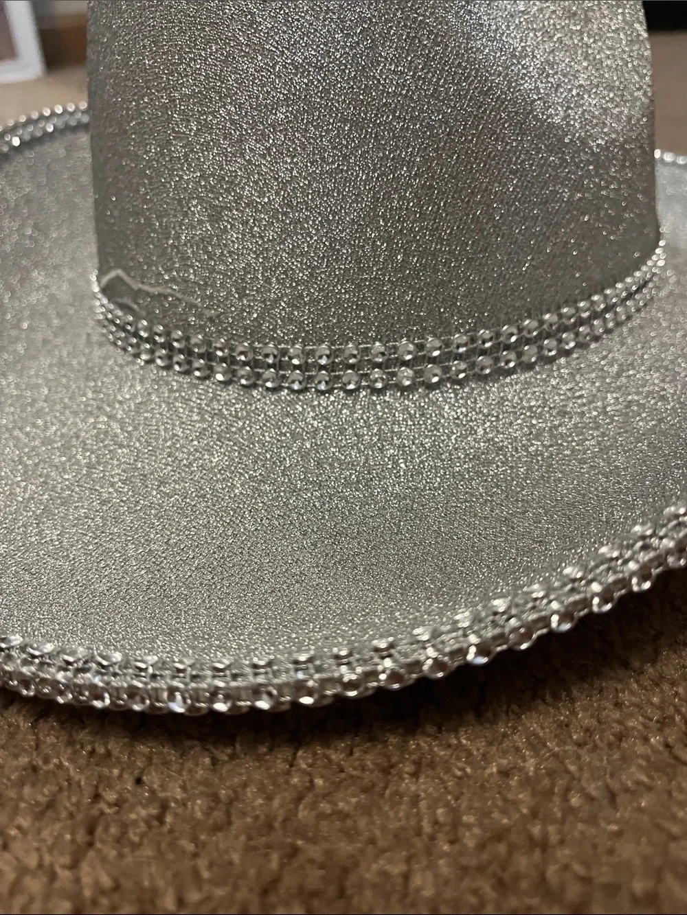 Silver Glitter Cowboy Hat with Rhinestone Trim - Picture 3 of 3